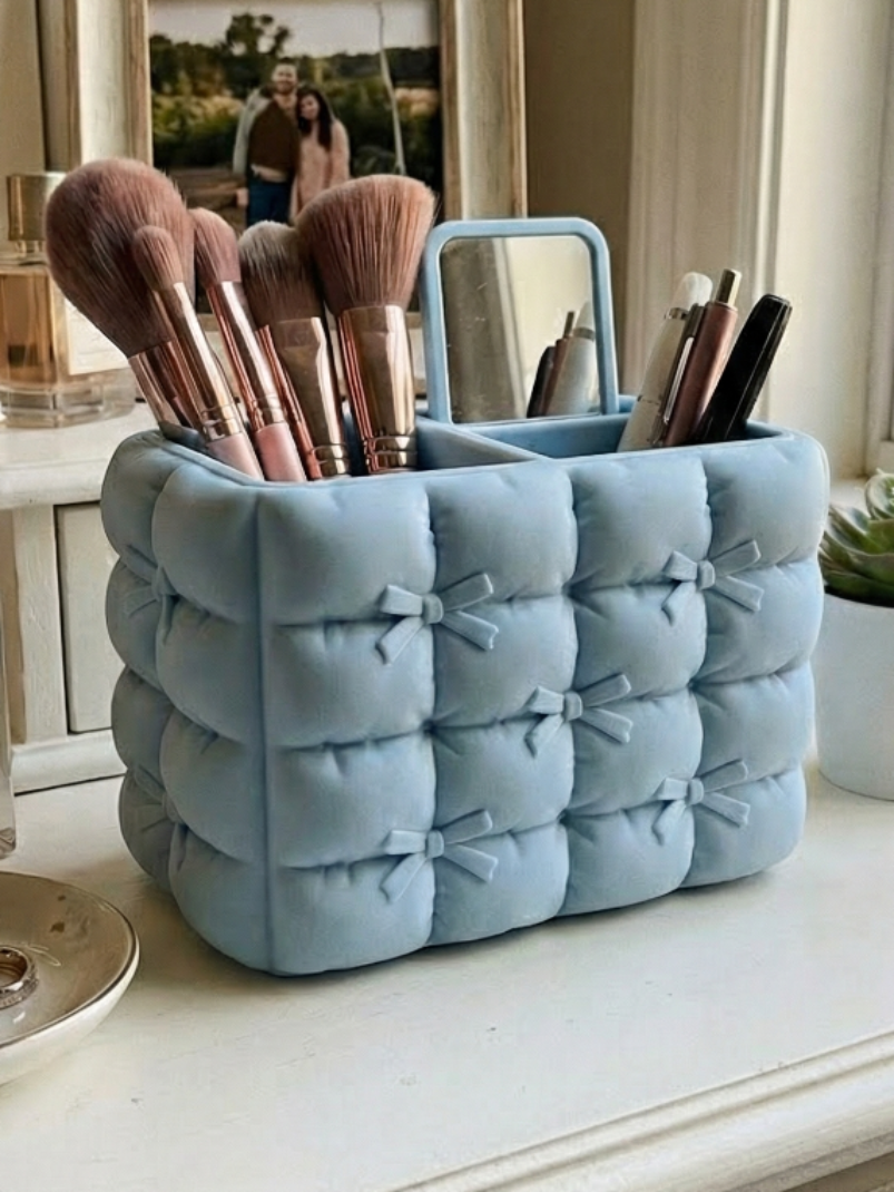 Aesthetic Quilted Bow Makeup Organizer Brush Holder